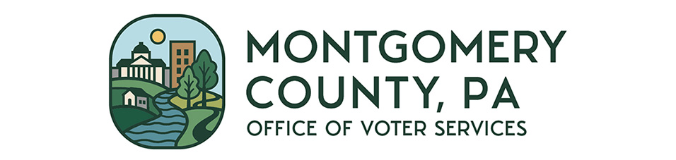 Header graphic for Montgomery County, PA Office of Voter Services showing a green oval logo with a courthouse-style building, nearby homes, trees, a winding stream, and a sun above the landscape, alongside the office name in dark green text.